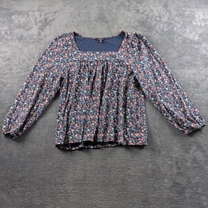 Lucky Brand Floral Blouse Navy White Red Long Sleeve Square Neck Size Xl